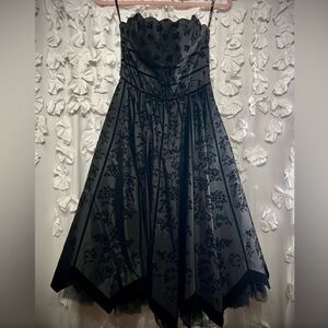 Rare Vintage Betsey Johnson Strapless Gray w/Black Velvet Trim Witchy Goth Dress